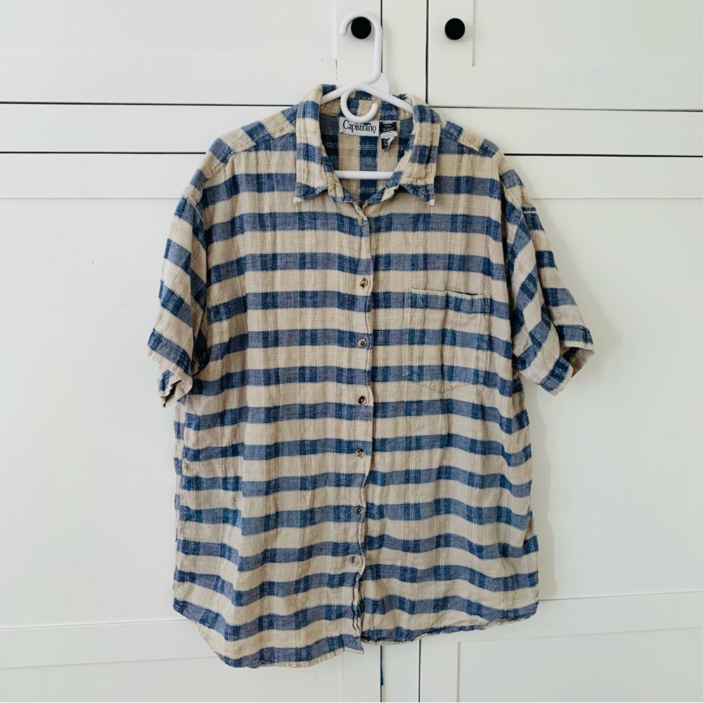 Capistrano Linen Cream Blue Stripe Texture Button Shirt Size 2X
